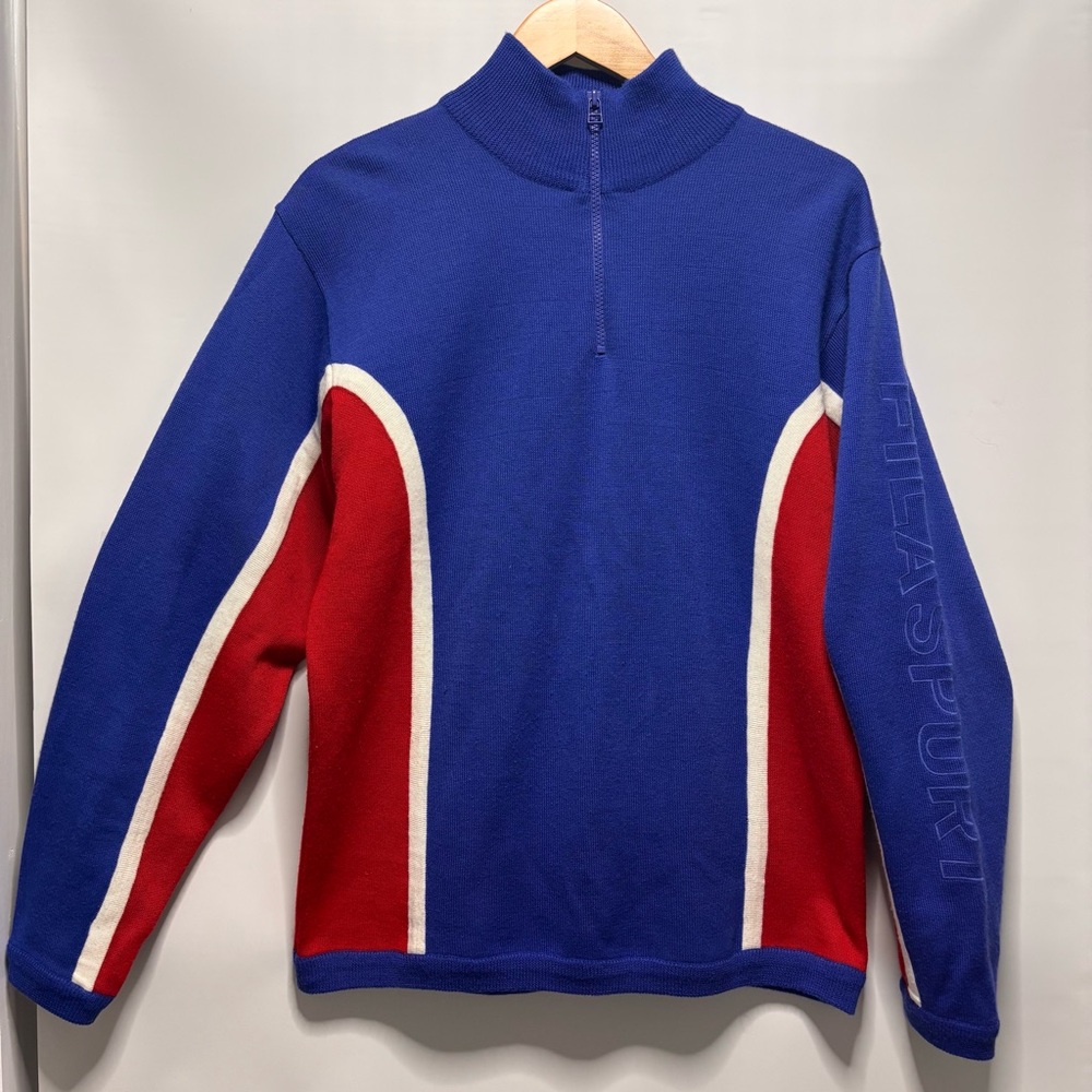 Vintage FILA Sport Sweater Red Blue White Quarter Zip Embroidered Arm Mens S